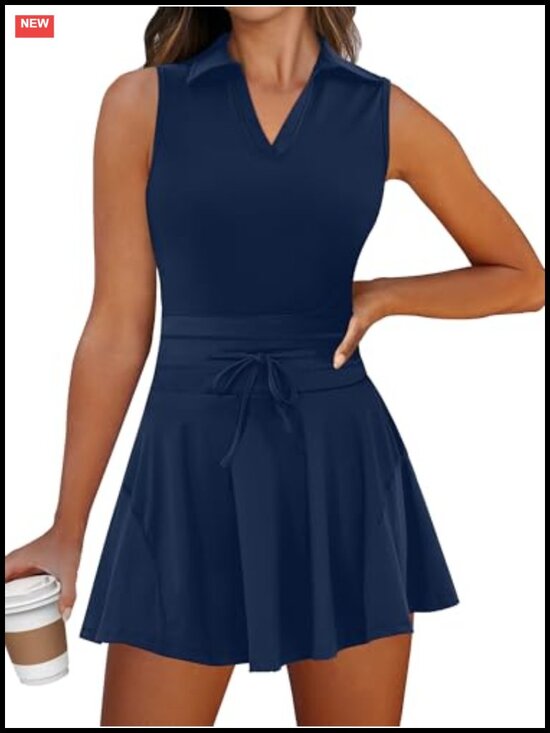 Dresses & Skirts - Women's 2 Piece Tennis Dress Set Polo Neck Sleeveless Mini Dress with Shorts